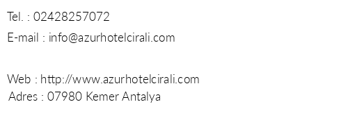 Azur Hotel telefon numaralar, faks, e-mail, posta adresi ve iletiim bilgileri